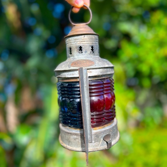 Antique 1913 Perko Triplex Nautical Lantern Glass Ship Lamp Maritime Light - Picture 1 of 14